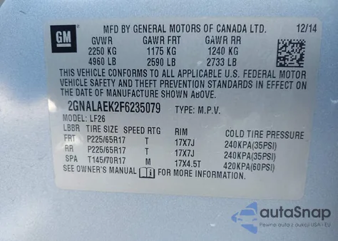 2015 Chevrolet Equinox Ls z USA, uszkodzony, nr VIN 2GNALAEK2F6235079